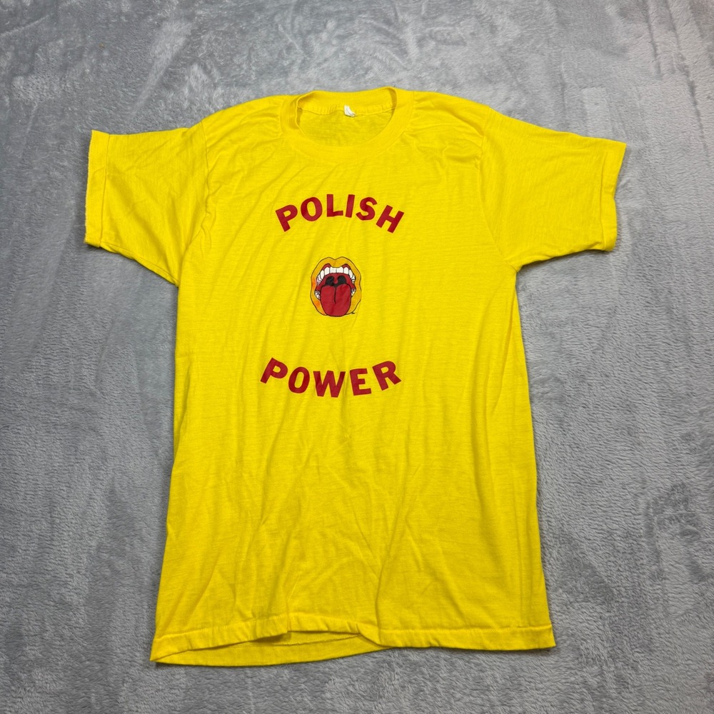 Vtg Polish Power T Shirt Mens Large Yellow Graphic Single Stitch 50/50 80s USA
